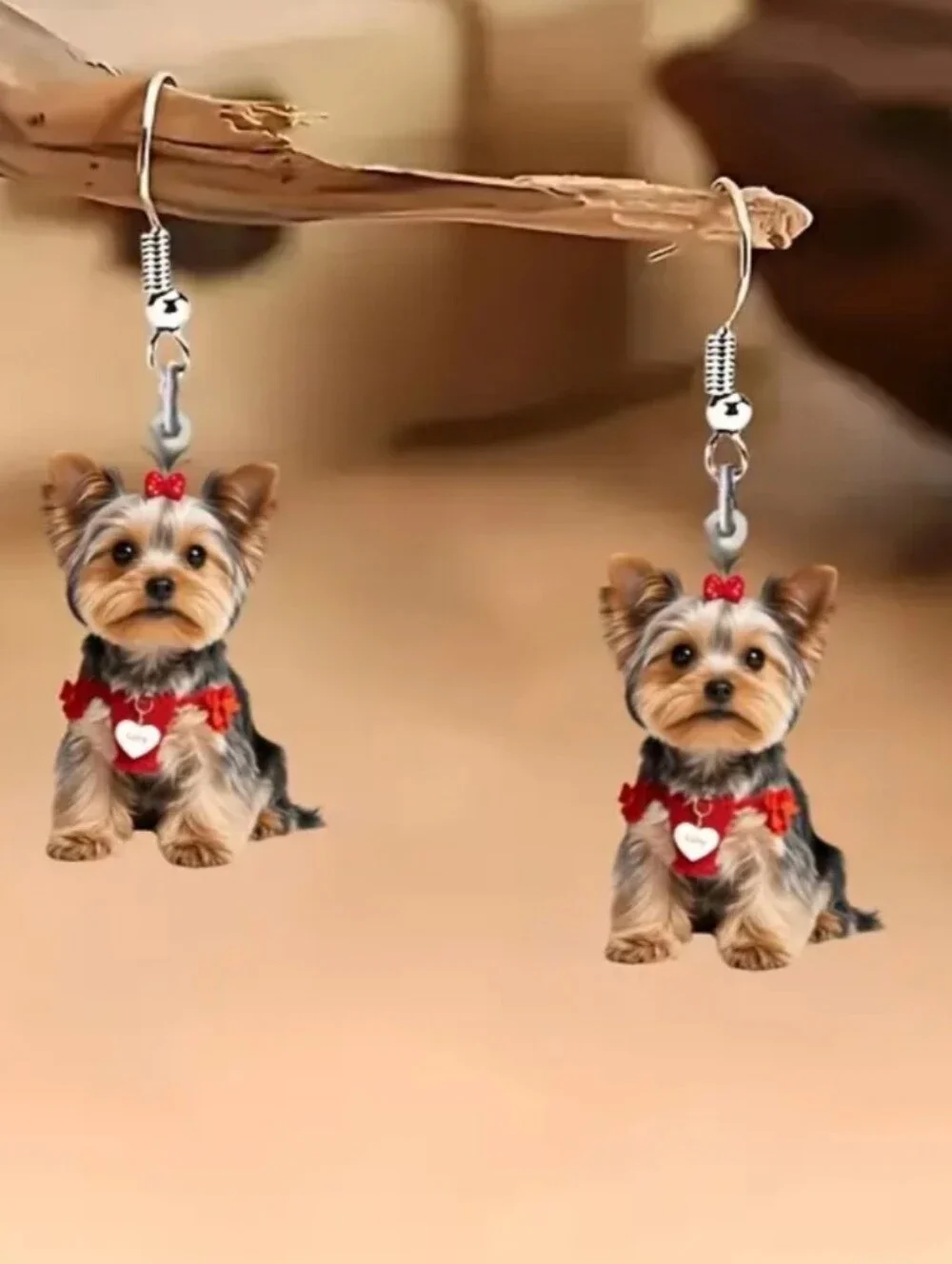 Hand Crafted 2D Flat Yorkie Dog Dangle Earrings in Red Accents